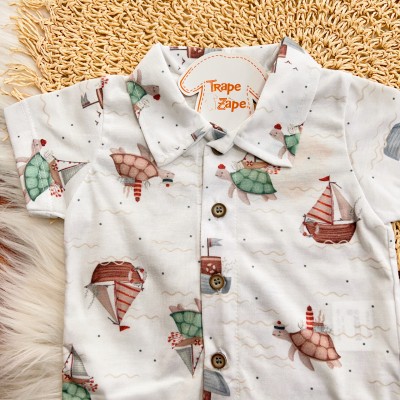 Conj. Camisa Tartarugas e Bermuda em Linho - Branco e Verde 